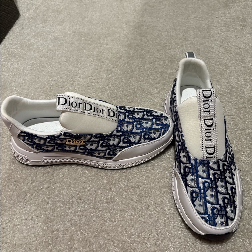 Dior Navy and White Logo Slip-Ons